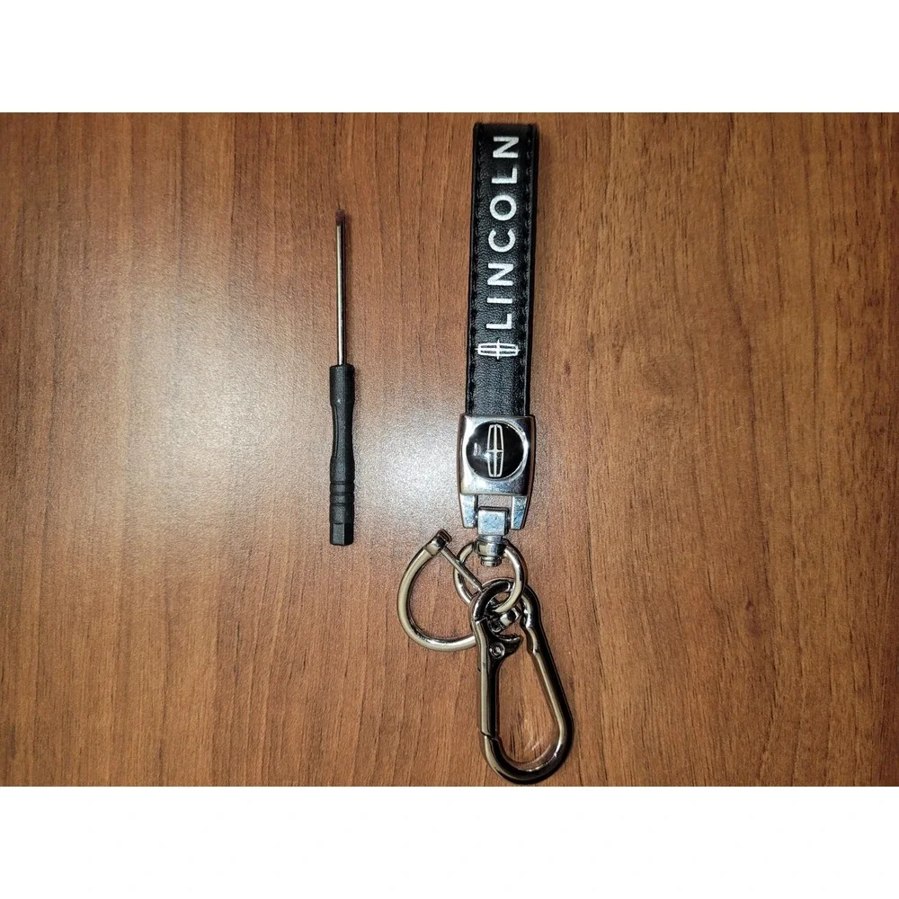 Lincoln Logo Black Leather Strap Keychain Key Fob w/ Metal Clip Key Ring